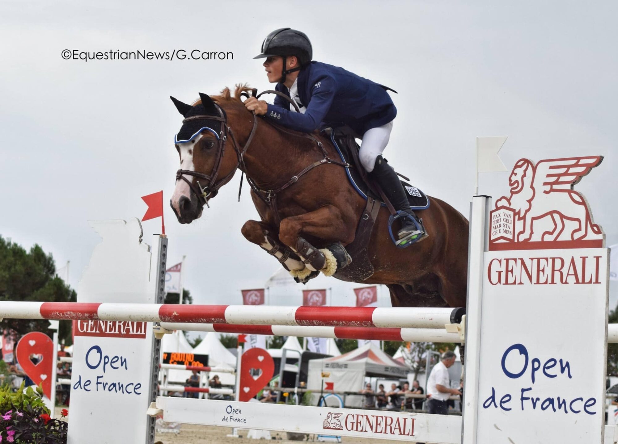 Cavalière et cheval bai franchissant un obstacle de saut